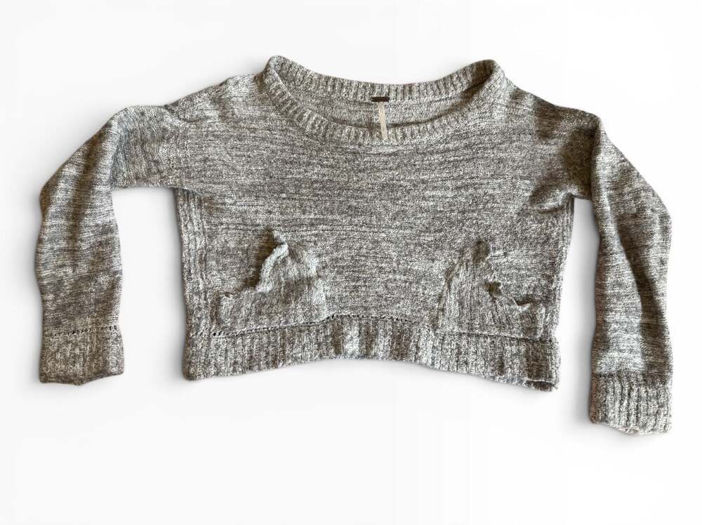 Free People Cropped Textured Knit Sweater Size S Gray Marled Crewneck Wool Alpac